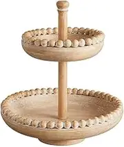 47th Main Rustic Farmhouse Decorative Beaded 2-Tier Wood Pedestal Stand for Home Décor, Natural