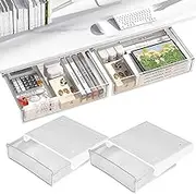 2 Pack Larger Under Desk Drawer Organizer, Slide Out Desk Drawer, Clear Plastic Drawer Under Desk for Office, School, Home, Hidden Desktop Organizer Pen Holder for Desk Self-Adhesive (White)