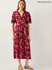 Monsoon Pink Aimee Floral Print Jersey Midi Dress (F89680) | $173