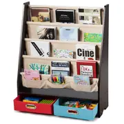 Giantex 5-tier Kids Bookshelf Wooden Bookcase Toys Storage Organiser Display Shelves w/4 Sling Bookshelf & 2 Boxes Espresso