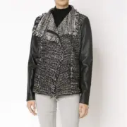Vince Womens Wool Moto Zip Jacket Lamb Leather Sleeve Fringe Black & White M NWT