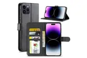 For Apple iPhone 15 Plus SupRShield Wallet Leather Card Holder Flip Protective Shockproof Case Cover (Black)