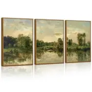Tinonedraw Vintage Landscape Framed Canvas Wall Art Set of 3, French Country