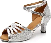 [MINITOO] Comfortable Women's Latin Salsa Shoes Glitter Evening Wedding Sandals, X025 Silver 6 cm Heel, 6 AU