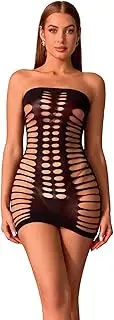 [Tender Whisper] Women’s Fishnet Mesh Minidress Cut-Out Dress Chemise Babydoll Bodysuit Sexy Breasted Skirt Clubwear
