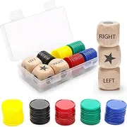 COITEK 3PCS Left and Right Center Dice, 6 Sided Wooden Game Camping Party Dice with 50 Colored Chips (Black, Yellow, Red, Blue, Green), Ages 15+