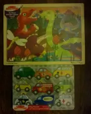 2 Melissa and Doug Puzzles 9 Peg "Cars" & 24 piece "Dinosaur" NIP Child Toys