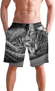 [XYMZR] Men's Swim Trunks Sleeping Cat Blanket Quick-Dry Bathing Suit Swimming Board Shorts S