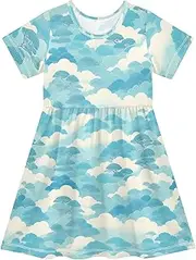 [FRODOTGV] Turquoise White Trees Girls Summer Dress Short Sleeve Swing Casual Dressy Dresses for Baby Girls, Turquoise White Trees, 4 Years
