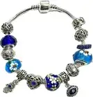 Silver Bangle Bracelet with Hamsa Evil Eye Blue Murano Bead European Charms