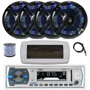 Pyle Bluetooth Marine Radio, Cover, Antenna,Wire, 4x 6.5" 250W LED Black Speaker