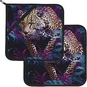 2 Pack Pot Holders for Kitchen Heat Resistant Potholders Leopard on Purple Background Pot Holders Set Washable Hot Pads with Loop Non Slip Potholders for Cooking Baking BBQ Microwave 8 x 8 Inch