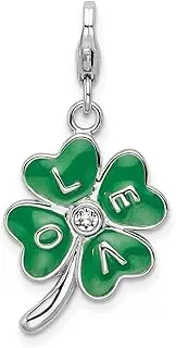 [JewelryWeb] 925 Sterling Silver Polished Fancy Lobster Closure 3 d Enameled 4 Leaf Cloverw-Lobster Clasp Charm Pendant Necklace 31x13mm