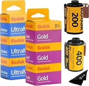 Kodak Ultramax 400 35mm Film 3 Pack & Kodak Gold 200 35mm Film 3 Pack Bundle (6 Total Rolls) 36exp for 35mm Film Camera 35mm - Kodak Film- Balveli Microfiber Cloth - 35 mm Film roll- Camera Film-