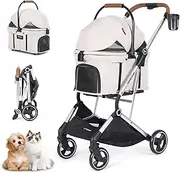 T3 Pro 3-in-1 Pet Stroller Dog Pram for Small Medium Dogs Cats Under 44lbs, Foldable Pet Pram Dog Pushchair Detachable Carrier with Pad, Cup Holder, Frosted Frame and Upgraded Fabric, Beige