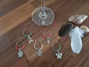 Christmas Wine Glass Rings Xmas Green Red White Snowman Angel Handmade Set of 6