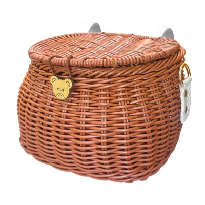 Kids Bike Basket Set - Brown Rattan Child Seat Basket with Lid Backpack for K...