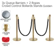 3x Queue Barriers + 2 Ropes Crowd Control Bollards Stanchion (GOLD+BLACK ROPE)