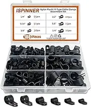 ISPINNER 180pcs Nylon Plastic R-Type Cable Clamps, 1/4" 5/16" 3/8" 1/2" 5/8" 3/4" Clips Fasteners Assortment Kit for Cable Conduit (Black)