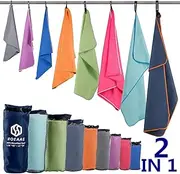 HOEAAS Microfiber Sport Travel Towel Set-(Size:S, M, L, XL, XXL)- Quick Dry, Super Absorbent, Ultra Compact Towel-Fit for Beach Yoga Golf Gym Camping Backpacking Hiking +Hand Towel & Carry Pouch