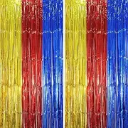 [Voircoloria] 2 Pack Blue Red Gold Foil Fringe Backdrop Curtains, Tinsel Streamers Party Decorations, Fringe Backdrop, Door Shimmer for Birthday Party
