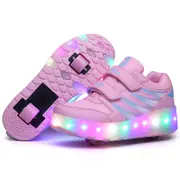 Nevenka Kids Fashion Roller Shoes with Double Wheel USB Charging-Pink