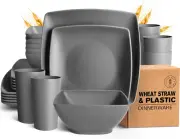 24-piece Plastic Wheat Straw Square Dinnerware Set for 6, Unbreakable Dinner Pla