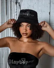 [Playboy] Playboy Women's Bunny Angel Diamonte Bucket Hat in Black One Size Black