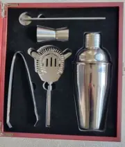 Bartender 5 piece Stainless Cocktail Shaker Set Mahogany box personalized Eddie