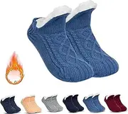[HOBIVA] Fleecesox - Fleece-Lined Non-Slip Thermal Slippers Socks，V-Mouth Fluffy Slipper Socks，Indoor Non-slip Thermal Socks，For men and women (Blue,s)