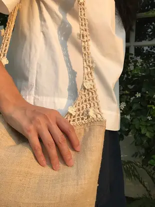 Crochet Tote Bag Hemp,Cotton Flower Vine|Beige