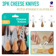 3pk Cheese Knives Stainless Steel Cheese Butter Knife Fork Set w/ Wooden Handle