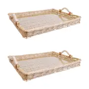 2x LVD Woven Willow Tray Basket w/ Glass/Handle XL Rectangle 54x40cm Natural