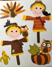 SCARE CROWS OWLS PUMPKINS TURKEY WINDOW CLINGS INDOOR DECORATIONS 5 PCS