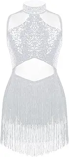[Jhaoyu] Girls Kids Sleeveless Halter Neck Sequins Tassels Dance Dress Jazz Latin Samba Tango Performance Dancewear