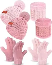 [Hillban] 6 Pcs Kids Hat Scarf Gloves Set Girl Boy Pom Kid Winter Beanie Hat Mittens Gloves Neck Warmer Knitted Fleece Lining for 1T-5T