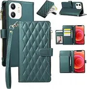 [Boyobacase] for iPhone 12 Wallet Case,for iPhone 12 Pro Case, PU Leather Wallet Flip Cover Stand Feature[6 Card Slots] [1 Cash Pocket] [1 Zipper Coin Pocket] with Wrist Strap-Green
