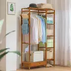 36" Bamboo[CLOTHES HANGING ROD+PANTS RACK+DRAWER]Brown Closet w/Coat Hanger Hook