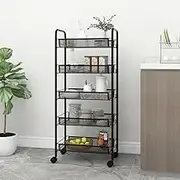 5-Tier Kitchen Trolley 46x26x105 cm Black Iron Cart with Wheels, Removable Mesh Baskets, Mobile Rolling Storage Organizer for Bathroom, Office, Salon, Craft and Utility Shelves