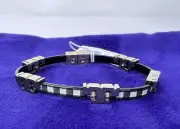 Tory Burch Bracelet Serif T Printed Bangle Black Gingham Leather Gold NWT