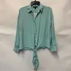 INC Womens Petite PS Pastel Cloud Teal Collared Button Up Tie Front Top NWT BX63