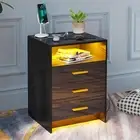 Bedside Table with Charging Station and LED Light, Smart Night Stand with Human