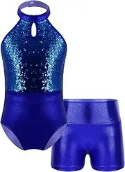 [Oyolan] Girls Sleeveless Sequines Halter Neck Gymnastics Leotard Bodysuit With Shorts Set Dance Performance Costume