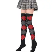 Women Girls Student Thigh High Socks European College Style Vintage Colorful Argyle Plaid Pattern Stretchy Over The Knee Stockings Red