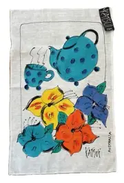 KATSUI STUDIO Linen Tea Towel TEAPOT CUP FLOWERS Australia Tapestry Textile NWT