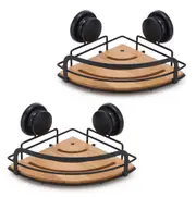 CARLA HOME 2 Pack Round Bamboo Corner Shower Caddy Shelf Basket Rack with Premium Vacuum Suction Cup No-Drilling for Bathroom and Kitchen