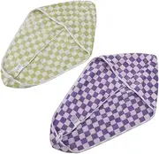 BAZEITFLOW 2pcs Bath Dry Hair Towel: Quick Drying Super Absorbent Turban with Button Checkered Coral Fleece Drying Hair Wraps Head Towel for Women Girls Shower