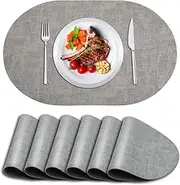 ANUNU Placemats Set of 6 - Double-Sided Faux Leather Design Oval Placemats for Dining Table Mats Heat Resistant Waterproof Wipeable Washable Non-Slip Kitchen Table Placemats (Set of 6, Grey)
