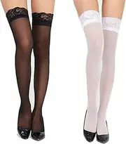 BOBOZHONG Lace Stockings, 2 Pairs Lace Silk Thigh High Stockings, Fishnet Stockings, Over Knee High Socks, Women Extra Long Sexy Stockings, Overknee Socks for Women (One Size)