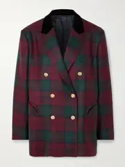 [BLAZÉ Milano] BLAZÉ Milano - Night Break Double-breasted Velvet-trimmed Checked Wool Blazer - Red - 2 2 Red